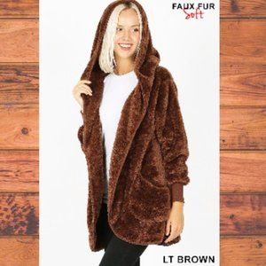 Zenaba Hooded Faux Fur Cocoon Jacket with Pockets